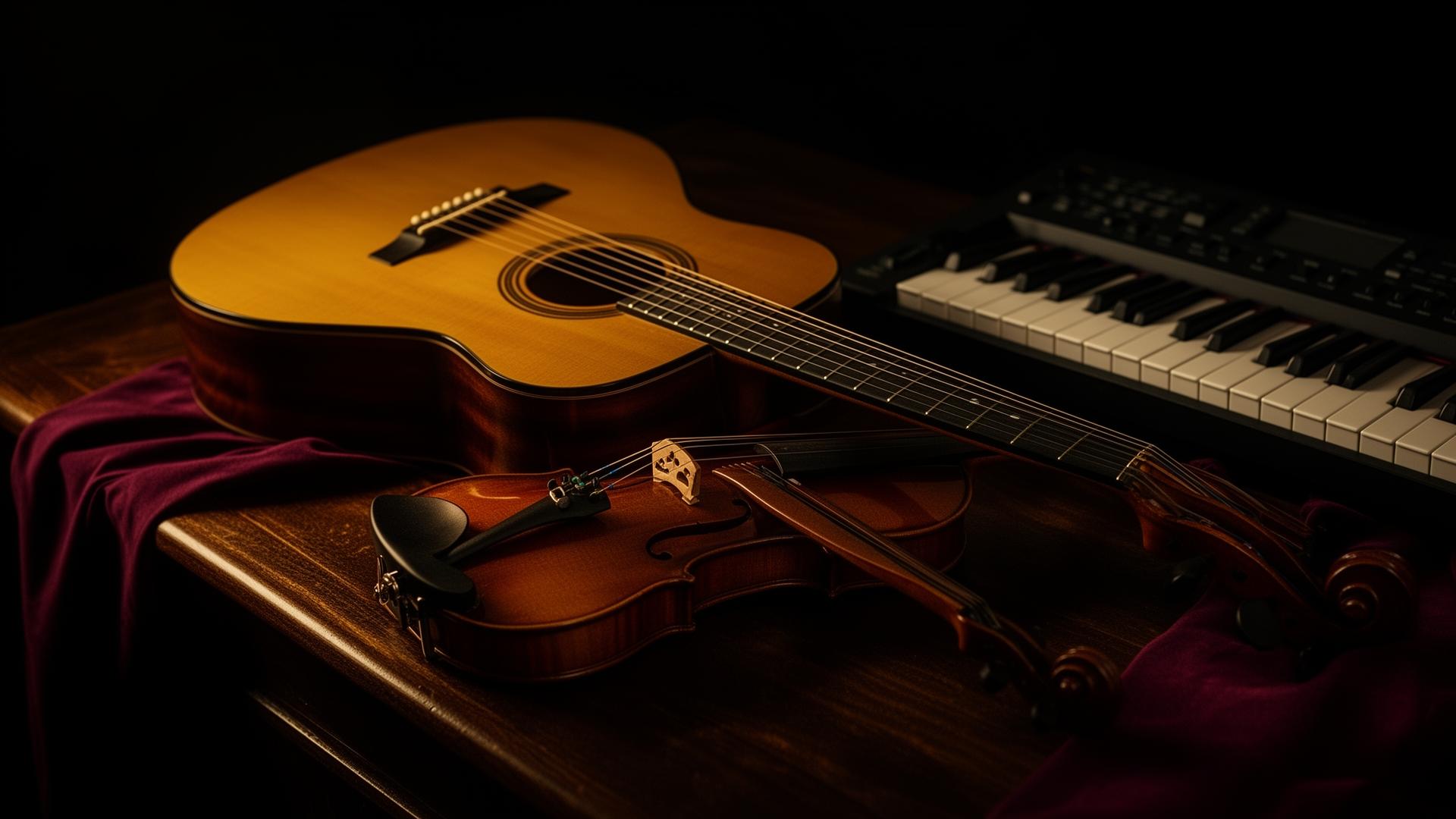 Violão, violino e teclado em superfície de madeira escura